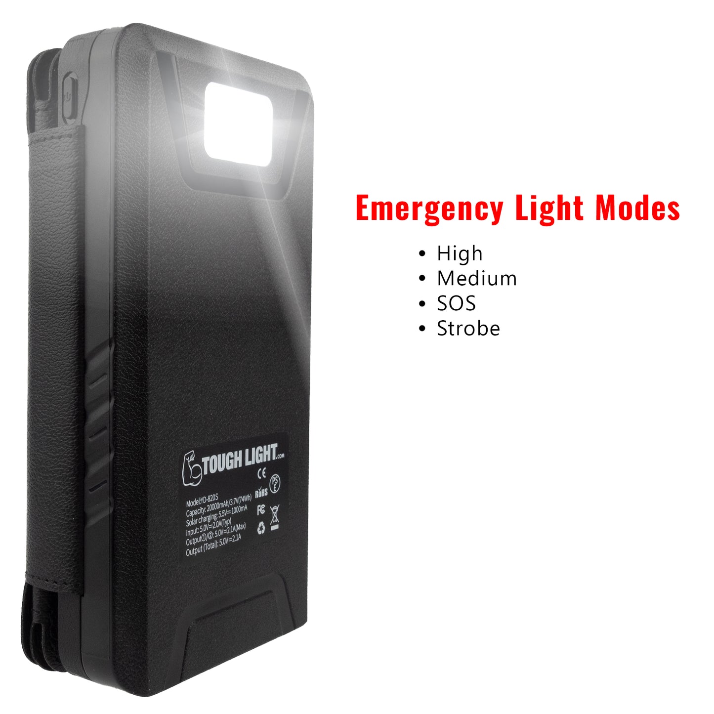 Tough Light 820S 4 Panel USB Solar Power Bank Charger - 20,000mAh Li Polymer with USB Phone Charging - 2AMP High Speed Cable Included