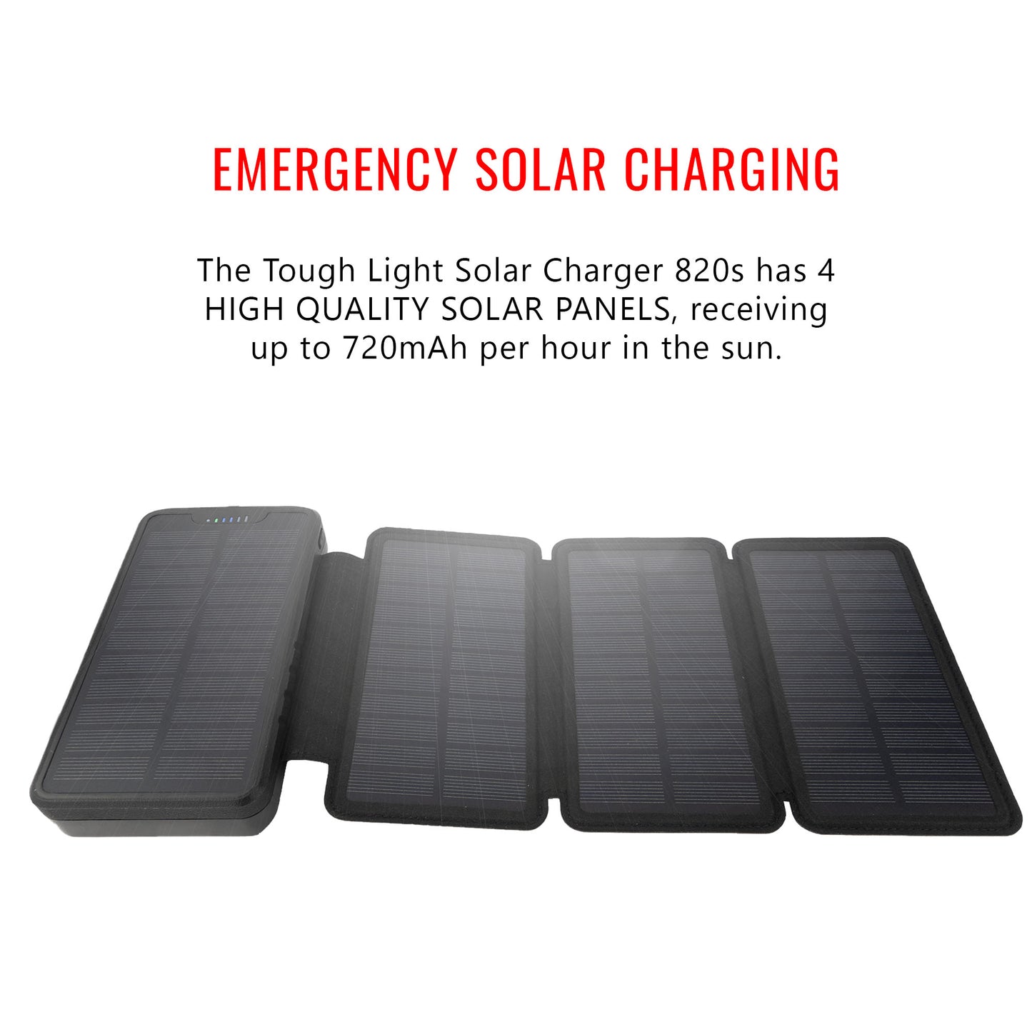 Tough Light 820S 4 Panel USB Solar Power Bank Charger - 20,000mAh Li Polymer with USB Phone Charging - 2AMP High Speed Cable Included