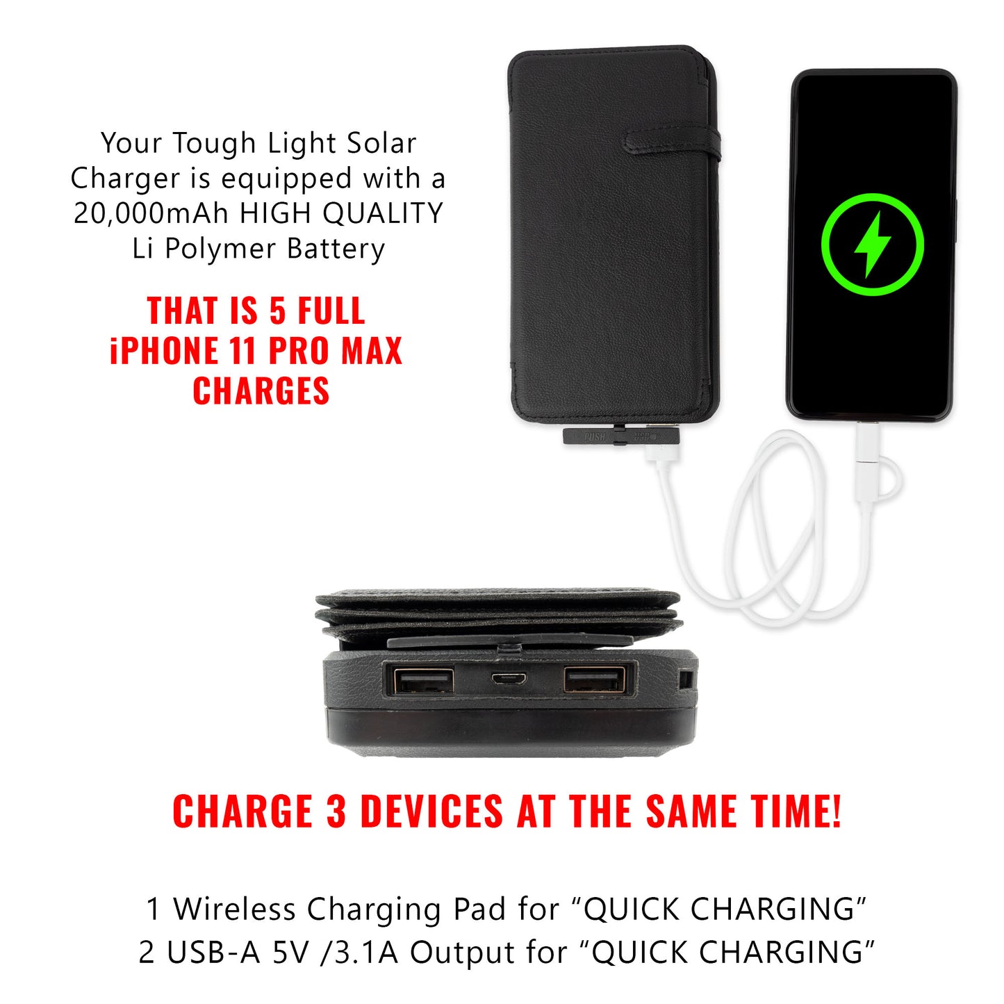 Tough Light 820W 3 Panel USB Solar Power Bank Charger - 20,000mAh Li Polymer with WIRELESS Phone Charging - 2AMP High Speed Cable Included