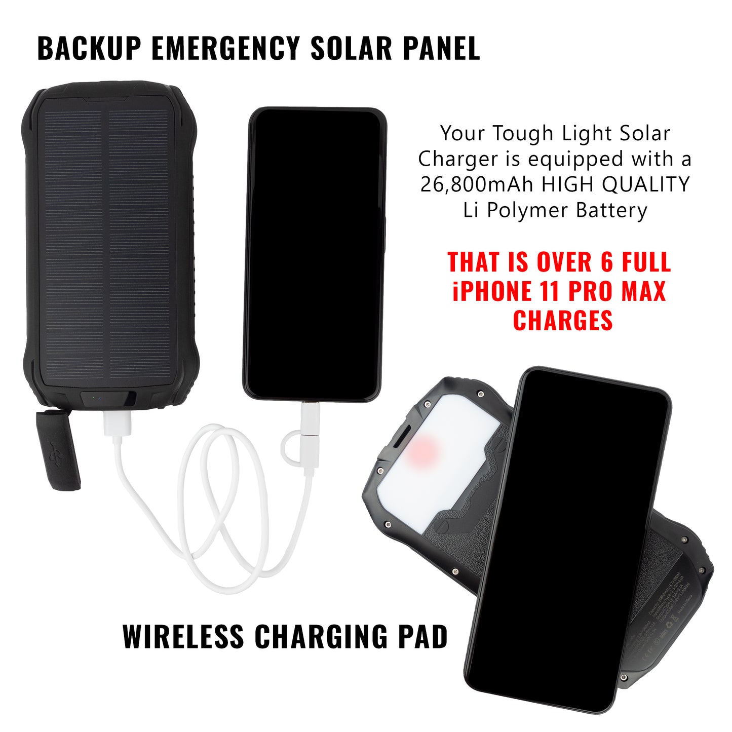 Tough Light i26W USB Solar Power Bank Charger - 26,800 mAh Li Polymer - 2 AMP High Speed Cable Included