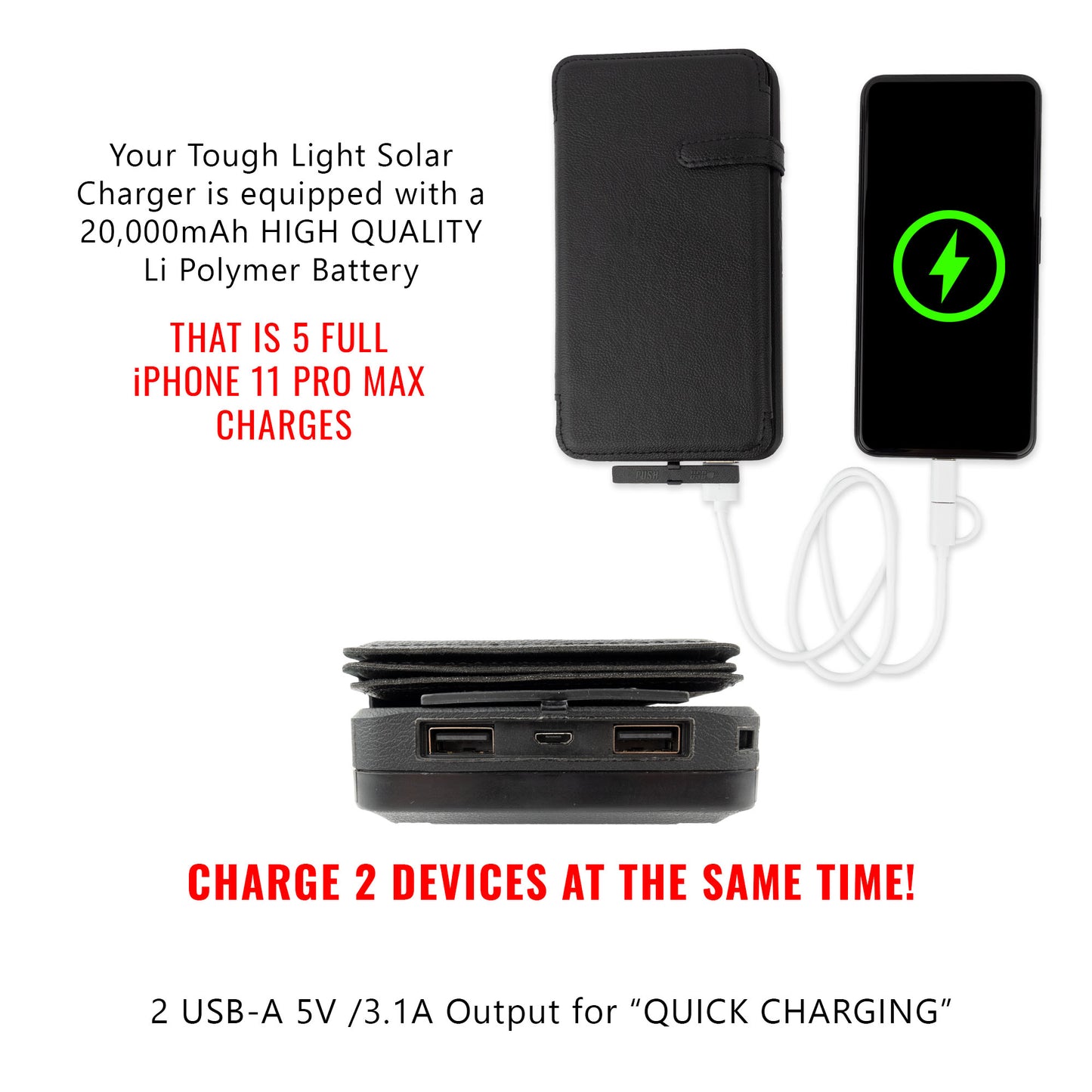 [ Bulk Pack of 10 ] Tough Light 820S 4 Panel USB Solar Power Bank Charger - 20,000mAh Li Polymer with USB Phone Charging - 2AMP High Speed Cable Included