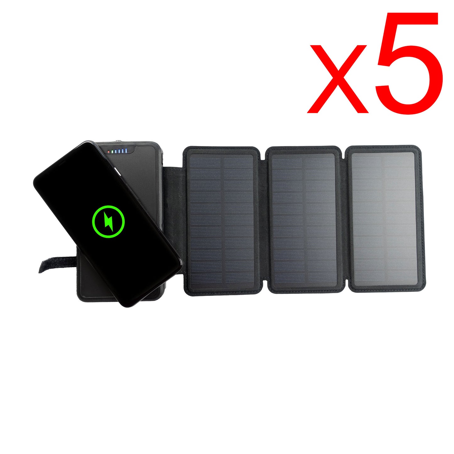 [ Bulk Pack of 5 ] Tough Light 820W 3 Panel USB Solar Power Bank Charger - 20,000mAh Li Polymer with WIRELESS Phone Charging - 2AMP High Speed Cable Included